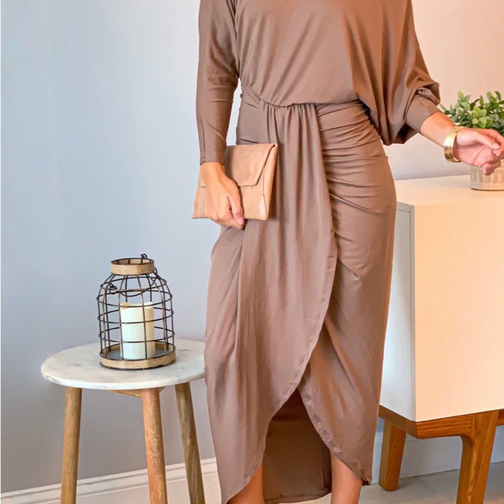 Mocha, one shoulder ruched dress
